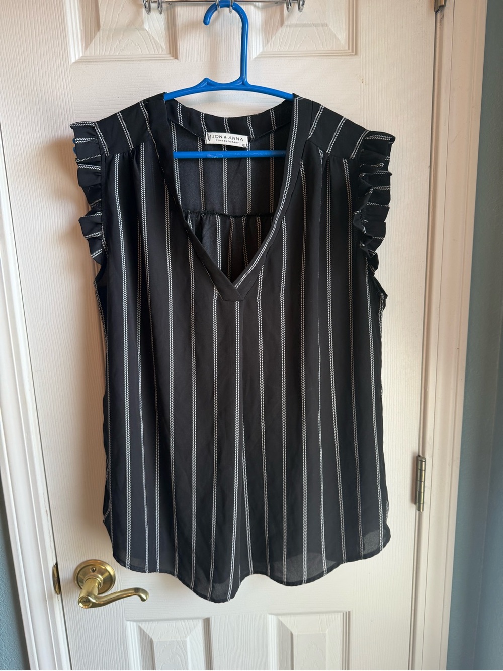Jon & Anna Black and White Vertical Stripe V-Neck Ruffle Sleeve Tank